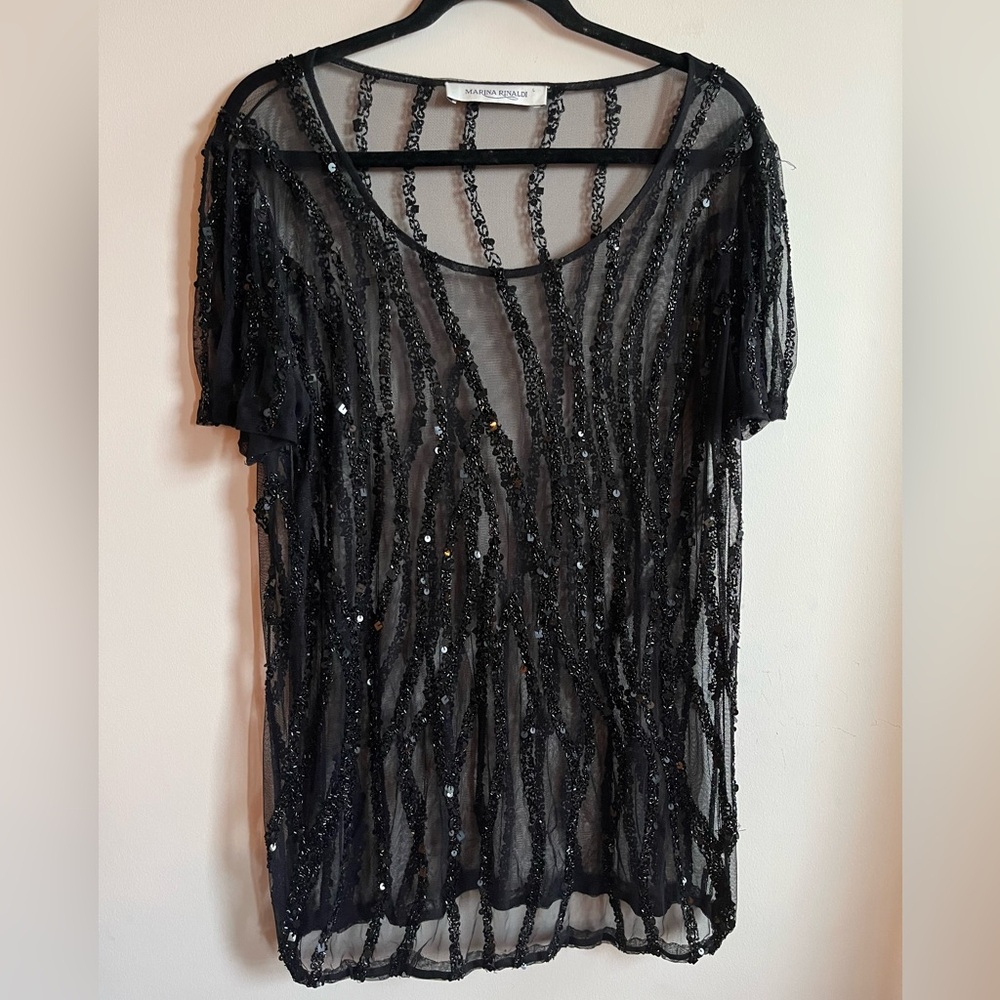 Marina Rinaldi Black Mesh Sequin Top - Size L